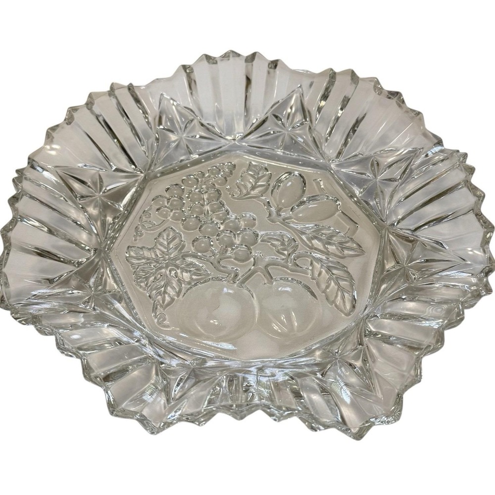 Vintage Clear Pressed Glass Fruit Bowl Grapes Apple Pear Starburst Scalloped 11"